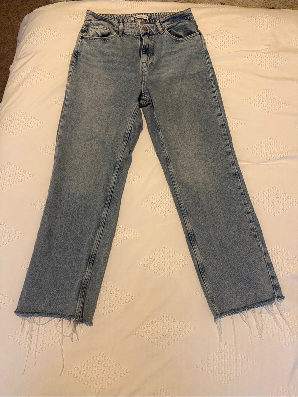 Zara Light Blue Straight Leg Jeans - Raw Hem